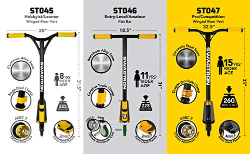 Swagtron St046 Pro Stunt Scooter W/ Grind Pegs — Amateur Freestyle Entry-Level Trick Scooter | Abec-9 Bearings, Aluminum-Core 100Mm Wheels — Ages: 11+, Max. Weight: 225 Lb. #TOP6
