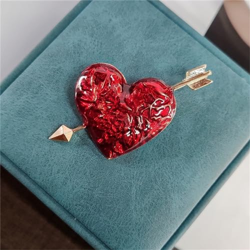 Image of Heart-Shaped Valentine's Day Brooch Pin - Retro Oil-Dripped Flower Design With Red Cupid's Arrow - Exquisite Collar Pin Love-Themed Badge Gift for Ladies and Girls