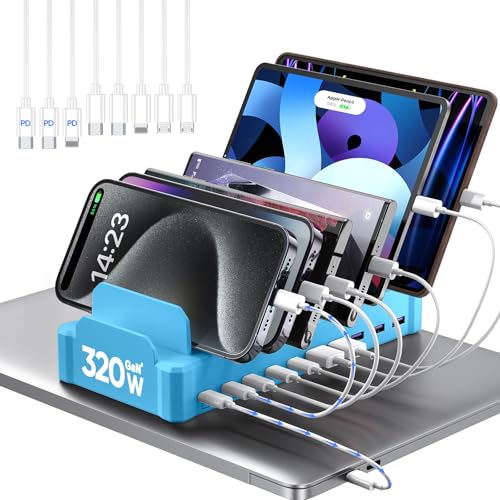 Image of 320W Charging Station for Multiple Devices, Zobirez 10-Port USB C Fast Charger Stations for MacBook, iPhone, Android Cell Phone, iPad, Tablet, Family Multi-Device Organizer Charging Dock, Blue