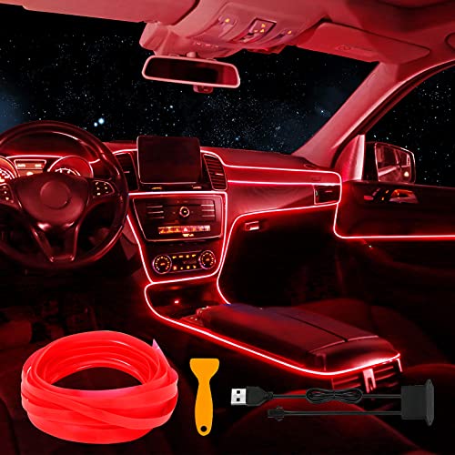 EL Wire Car LED Interior Strip Light, USB Neon Wire Lights with 6mm Sewing Edge - 197 inches Glowing Electroluminescent (EL) Wire, Ambient Lighting Kit Car Decorations Interior (5M/16.5FT, Red)