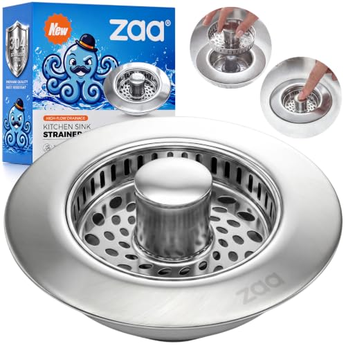 Image of ZAA 3-in-1 Kitchen Sink Drain Strainer, 304 Stainless Steel Sink Stopper | Silver, fits 3-1 /2 inch US drains, tool-free. Pop-up for storage /drain. Anti-clog, easy empty. Oil-resistant, dishwasher safe