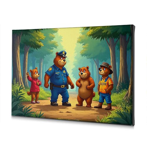 Toile quatre ours forêt 30x40cm pour décoration murale d'intérieur naturelle