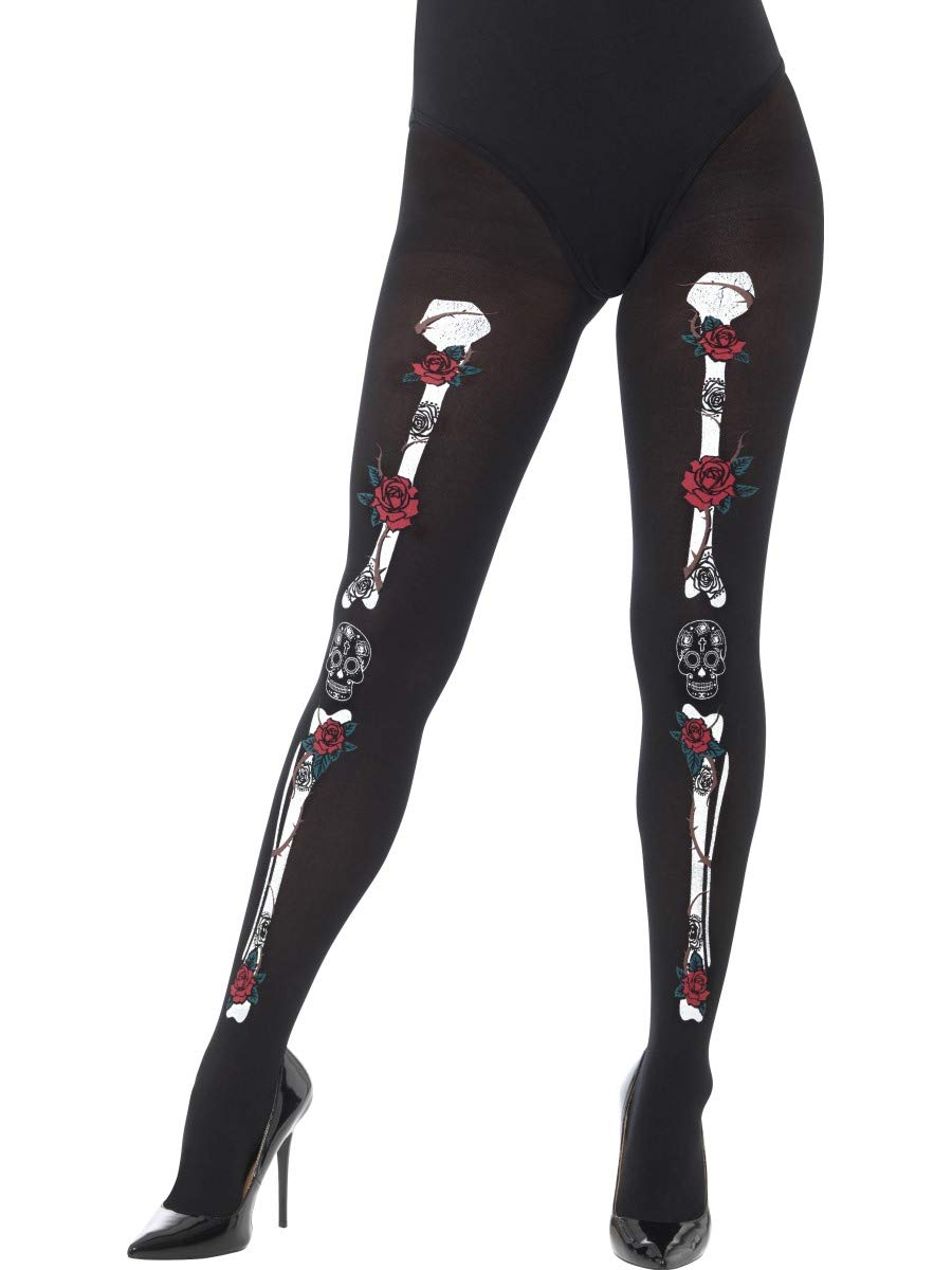 Smiffys - 43101 - Opaque Day of the Dead Tights - Black - One Size - US Dress Size 4 / 12