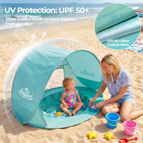 Image of Monobeach Baby Beach Tent with Pool: Green Pop Up Sun Shade Tent for Toddler, UV Protection Portable Outdoor Shelter, Foldable Camping Canopy for Beach, Backyard & Travel
