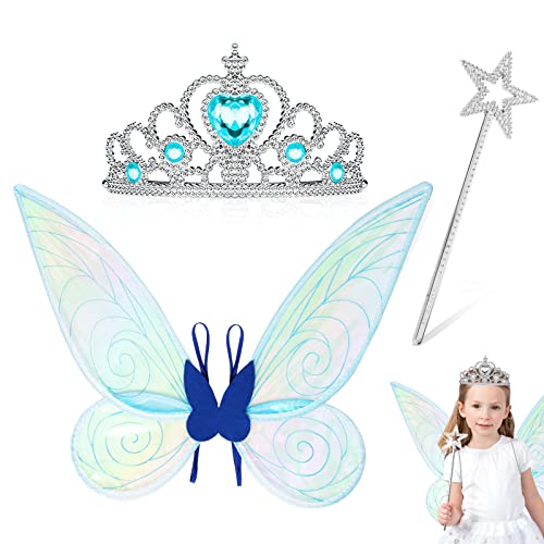 Aurasky Ailes de Fée pour Filles, Ensemble d'ailes avec Couronne et Baguette de Fée, Ailes de Elfe Ailes de Papillon Ailes d'ange Costume pour Halloween Carnaval Anniversaire Cosplay(Bleu) Cover