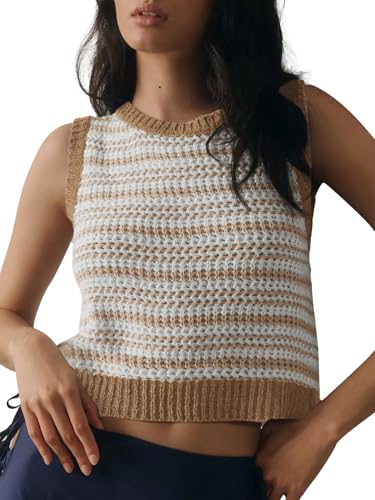 Yousify Womens Crochet Chunky Knit Tops Striped Sweater Vest Sleeveless Sweater Cardigan Bow Tie Open Front Tank Tops3