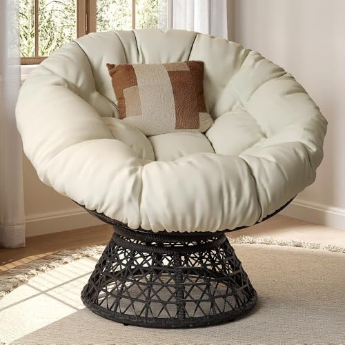 Yaheetech Indoor Papasan Chairs with Thick Tufted Cushions and Frame, Swivel Wicker Ergonomic Lounge Reading Chairs for Living Room/Bedroom, Beige