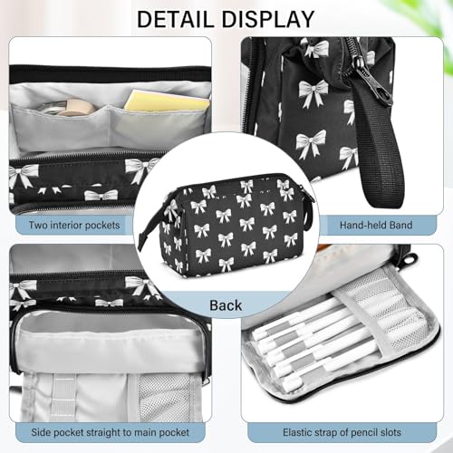 Image of Ribbon Bow Black Pencil Case Pouch Big Capacity Pencil Bag Box Organizer Pen Case with Zipper Pencil Boxes for Girls Boys Women School College Office