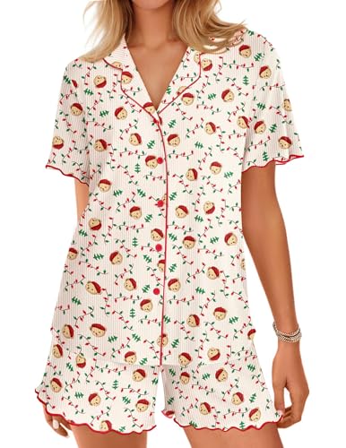 Image of Ekouaer Button Up Pajamas Set for Women Short Sleeve Ribbed Knit Sleepwear 2 Piece Pjs Shorts Set