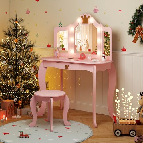 Image of KOTEK Kids Vanity with Lights, Crown Girls Vanity Set w /Tri-Folding Mirror, Detachable Top, Stool & Drawer, Wooden Toddler Makeup Dressing Table, Kids Vanity Table and Chair Set (Pink)