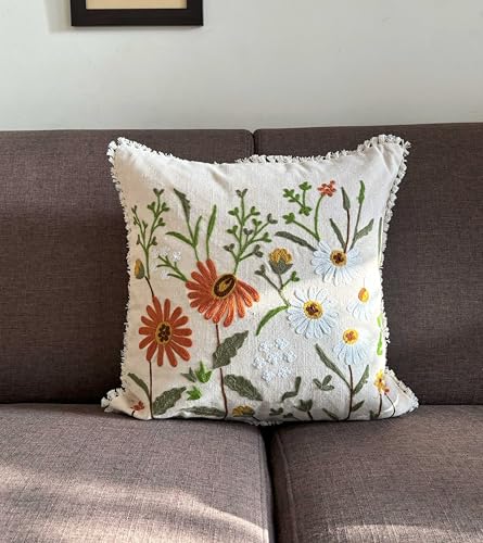 Image of Cotton Decorative Embroidered Cushion Covers | 16 x 16 inches | Premium Cushion Cover with Crewel Embroidery | Floral | Multicolour, Set of 2, for Couch, Sofa, Bed, 350 TC