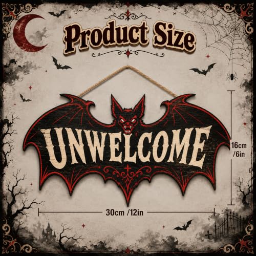 Image of Halloween Decorations - Funny Gothic Bat Wooden Sign for Front Door | Unwelcome Bat Halloween Wood Wreaths Door Sign Decor- Halloween Party Favors Supplies for Home Wall Decor Outdoor Indoor
