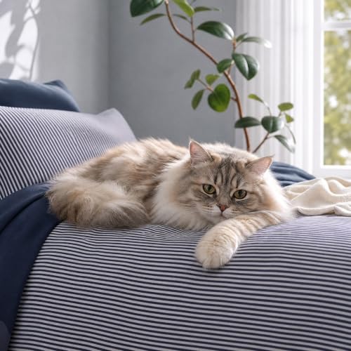 Image of Monbix Queen Comforter Set-7 Pieces Soft Bed in a Bag Queen Bedding Sets | Crown Blue Vertical Ticking Stripe Lightweight All Season Comforter Set with Sheets, Pillowcases & Shams
