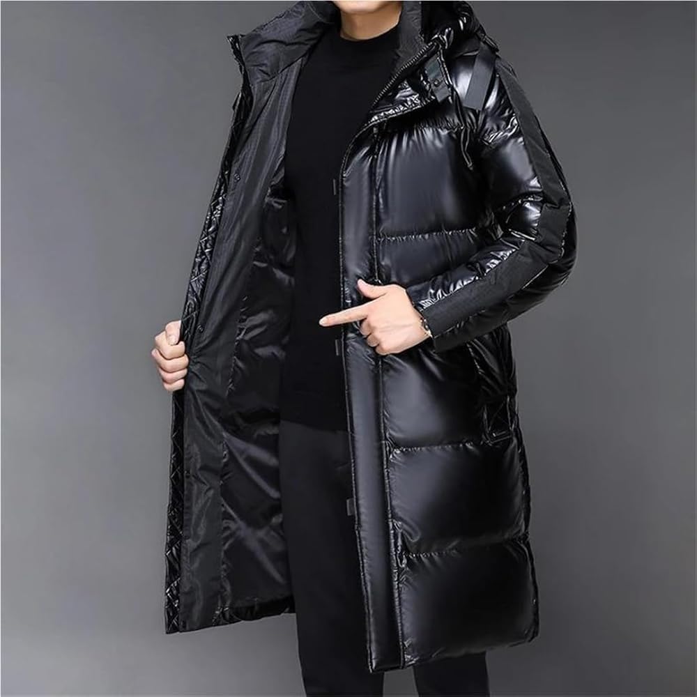 Mens Long Shiny Puffer Jacket Hooded Heavyweight Winter Parka Windproof Webbing Detail Glossy Quilted Bubble Coat Black