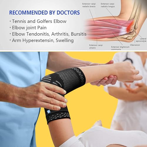Image of WELLESA Elbow Support Sleeve for Men & Women | Compression Brace for Pain Relief, Stability & Injury Recovery | Ideal for Sports, Gym, Running & Workouts | Pack of 2 (Black & Grey) (S)