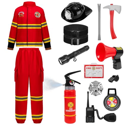 Spooktacular Creations Halloween Firefighter Costume for Kids, Boys Fireman Costume Set, Red Firefighter Roleplay Accessories for Toddler Dress-up and Career Cosplay Party (3T, 3-4 yrs)
