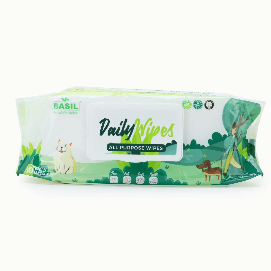 BASIL Royal Yet Noble Wet Pet Wipes For Dogs,Puppies&Cats With Aloe Vera And Vitamin E For All Body Parts,Face/Mouth/Bum/Paws&Alcohol Free Wipes(80 Pcs,18X20Cm Wipes In 1) (B0B3DR1VSC) Amazon Price History, Amazon Price Tracker