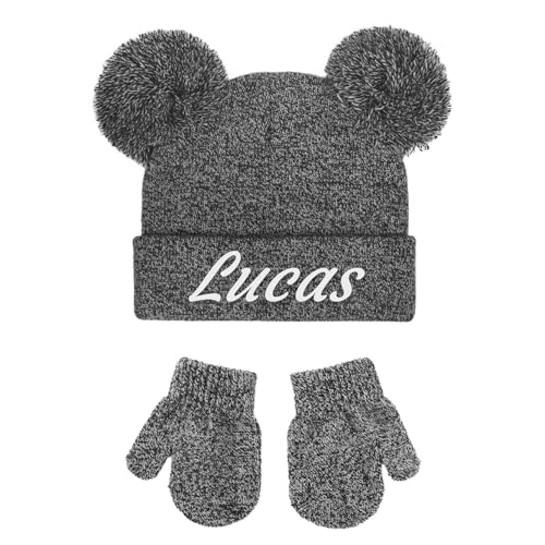 Personalized Embroidery Baby Beanies Hats, Custom Knitted Toddler Double Pompom Hat,Newborn Gifts, Knitted Winter Hat and Mittens Set,Newborn Gifts