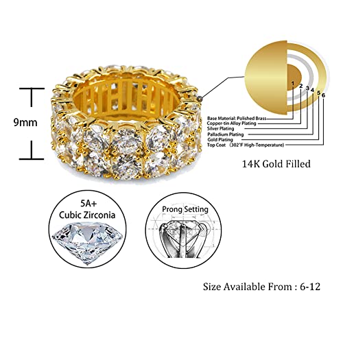 TOPGRILLZ 2-Row Cubic Zirconia Band Ring for Men & Women, 14K Gold Plated Brass, 9 mm Wide Iced-Out Eternity, Sizes 6-12, Golden or Silvery2