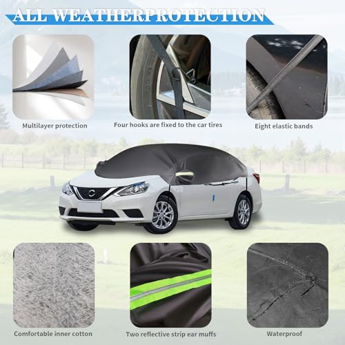 Image of Bilisin Half Car Cover for Sedan, Outdoor Heavy Duty 250D Fabric Sun Protection Cover Car Windshield Snow Covers, Waterproof Car Cover All Weather Universal Fit for Most Sedan Car（Black）