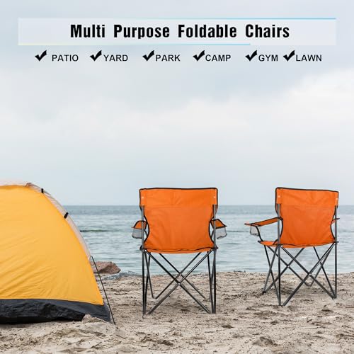 Image of HaSteeL Camping Chair for Adults, Folding Beach Chair Set of 2, Large Foldable Portable Chair for Outdoors Fishing, Hiking, Sporting, Travel, Picnic, Lawn, Hold 275lbs & A Storage Bags (Orange)