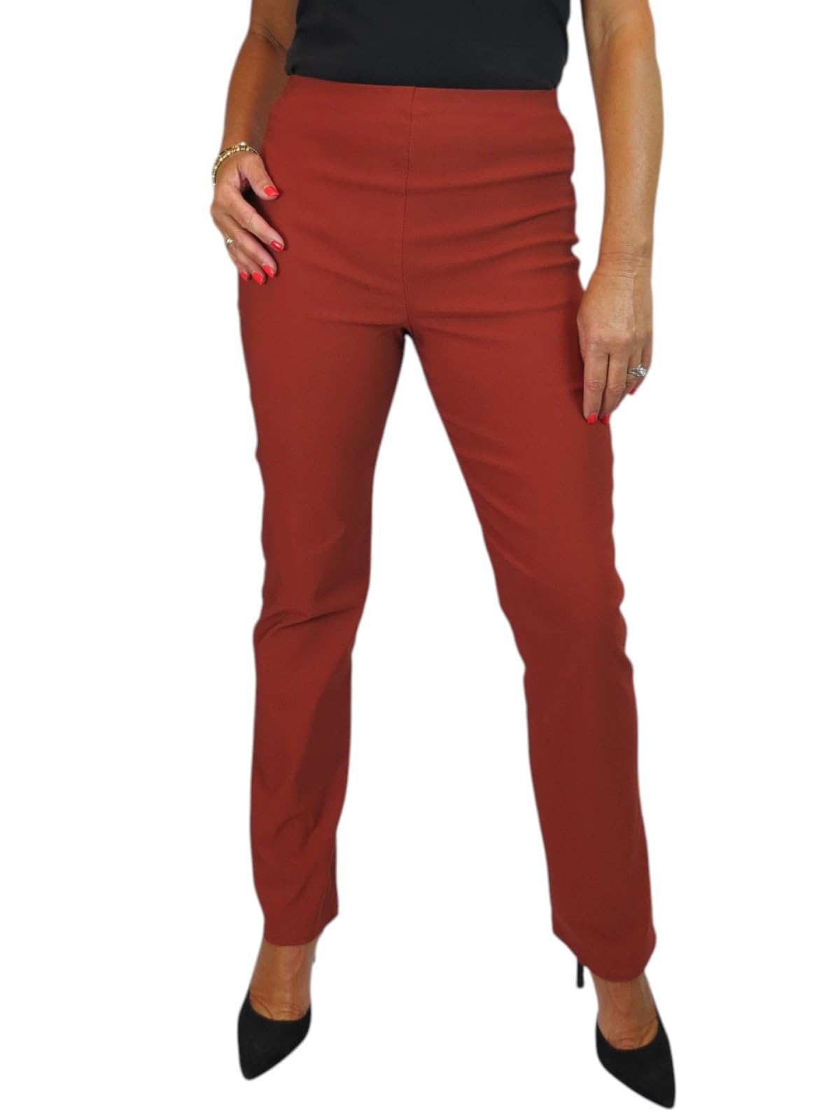 Paulo Due Women's Stretch Elastic Waist Trousers Straight Leg in Terracotta | Size: 22