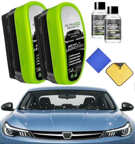 Windshield Cleaner 2-Pack Car Glass Oil Film Cleaning Kit with Scrubber Pads Microfiber Towels & Cleaning Liquid for Clear Streak-Free Driving