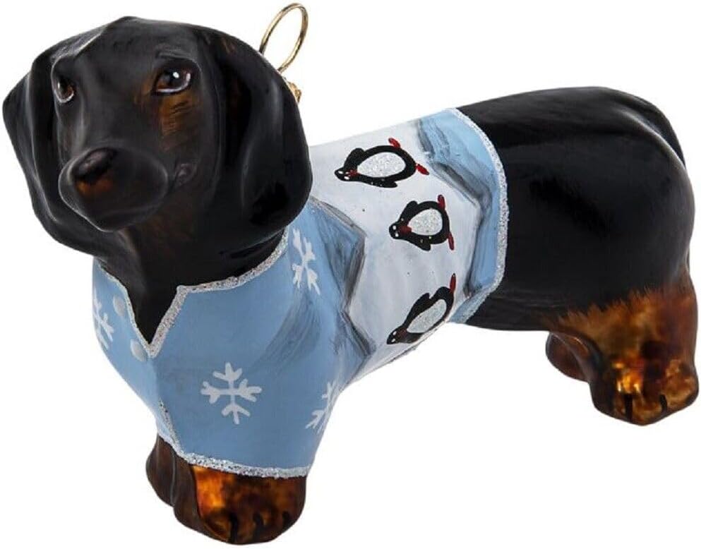 Joy To The World Dachshund in Penguin Christmas Pajamas Polish Glass Ornament