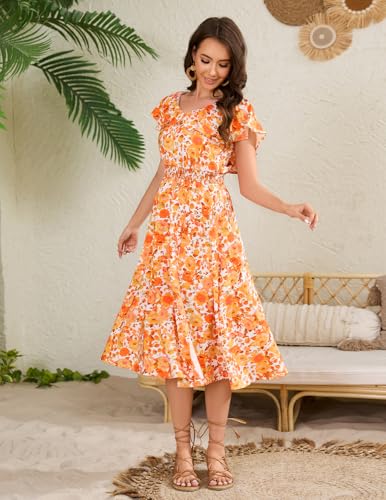 Image of Bridesmay Womens Summer Floral Midi Dresses Ruffle Sleeve Beach Wedding Guest Dress V Neck Swing Flowy Dresses