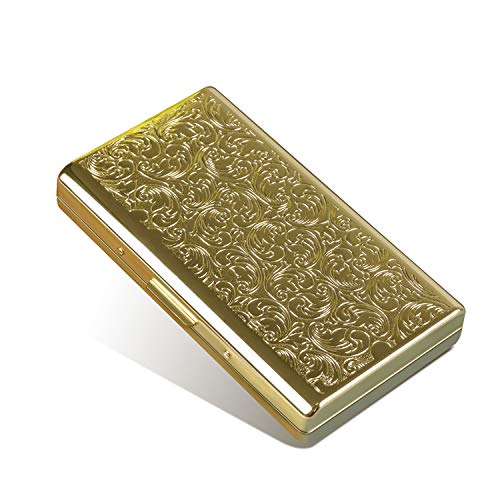 Caja de metal retro para cigarrillos - Soporte de bolsillo abierto con clip de resorte de doble cara para cigarrillos de 14 100 mm, cartera protectora de seguridad para hombres y mujeres (dorado) Cover