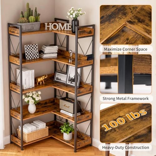 Image of DUMOS 65 inch L Shaped Bookshelf, 5 Tier Corner Bookcase with Hooks and Edge, Industrial Pantry Shelves with Metal Frame, Wooden Open Storage for Living Room, Home Office, Bedroom, Rustic Brown