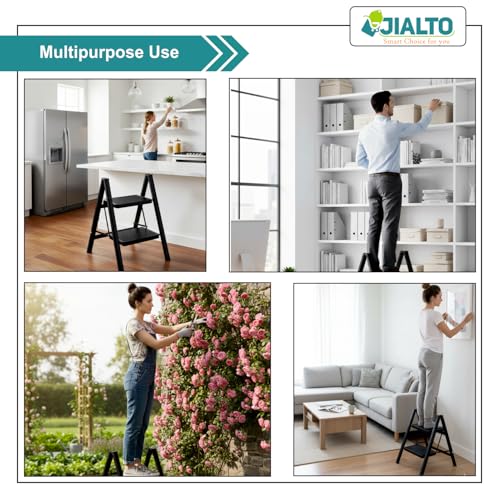 Image of JIALTO 2 Step Metal Ladder for Home, Foldable Lightweight Stepping Stool with Wide Pedals, Anti Slip Heavy Duty 150 Kg Capacity, Portable for Kitchen, Office & Library (Black)