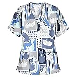 Sizoer Halloween Kasacks Damen Pflege Krankenschwester Kittel Schlupfjacke V-Neck Uniform Berufsbekleidung Krankenschwester Kleidung Arbeitsuniform Kurzarm Süßer Cartoon-Print Pflege Kasack