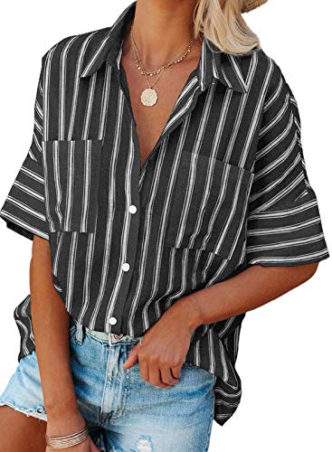 ROSKIKI Women's Casual V Neck Striped Cuffed Sleeve Button-Down Collar Blouses Shirt Tops Cute Shirts for Teen Girls Black Medium