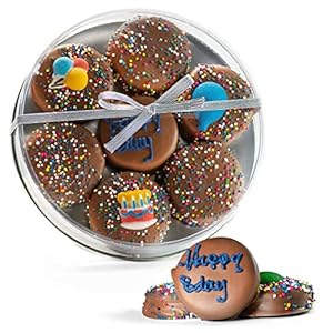 Happy Birthday Milk Chocolate Covered Sandwich Cookies, Custom 7 Pc. Blue Gift Basket, Fresh Hand Decorated Assortment, Sweet Multi-Layered Sandwich Treats for Kids and Adults