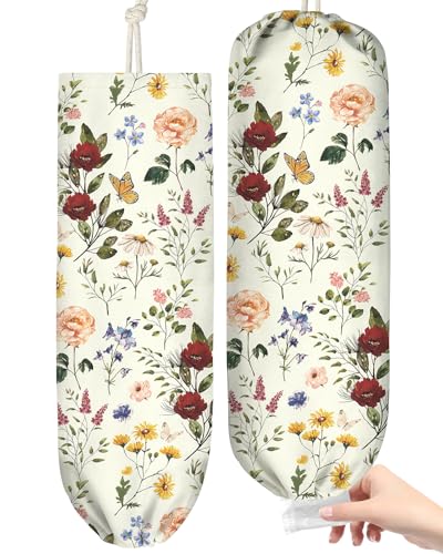 Kokaaee Plastic Bag Holder, Grocery Bag Organizer - Kitchen Dispenser Holders Reusable Shopping Western Hanging Wall with Free Adjustment with Drawstring Closure for Women Home Cute, Floral