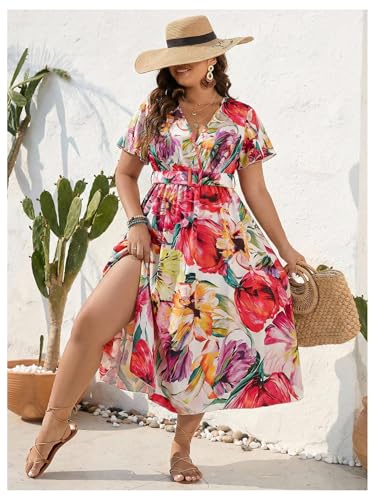 Image of Floerns Women's Plus Size Boho Floral V Neck Short Sleeve A Line Long Dress
