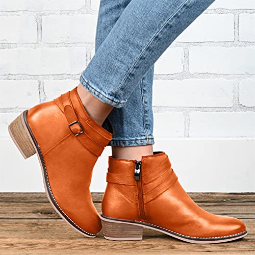 Hbeylia Boots For Women Fashion Casual Leather Round Toe Belt Wrapped Chunky Block Low Heels Ankle Booties Comfort Metal Buckle Mid Calf Combat Boots Dress Short Boots For Ladies3