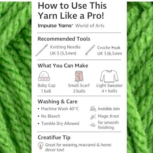 Image of WOAFashions Impulse Hand Knitting & Crochet Yarn, Premium Acrylic, 4 : Medium (Pear Green) (4x100gms / 14.1oz)