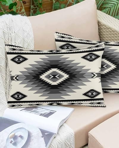Boanket Lumbar Pillow Covers 12 x 20 in, Beige Black Southwest Waterproof Throw Pillow Cover Set of 2, Western Geometric Ethnic Home Decorative Rectangle Cushion Covers for Patio/Tent/Couch/Garden