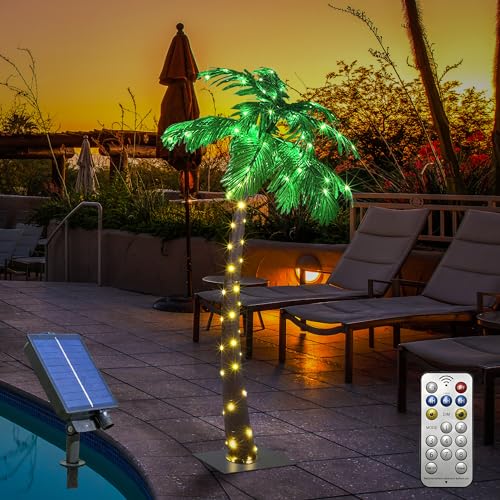 Solar Lighted Palm Tree 5FT Artificial Palm Decor for Outdoor 96 LED Light up Fake Tree for Indoor Outside Patio Hawaiian Tiki Bar Decoration