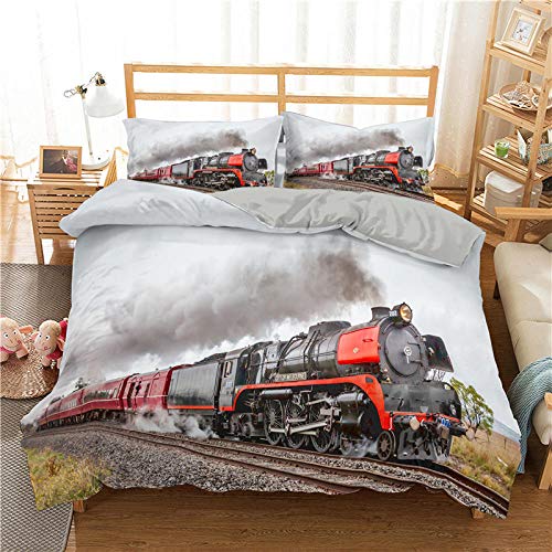 Housse de Couette 140x200 Train Rouge Parure de Lit avec Fermeture éclair en Microfibre Adulte 1 Personne（1 Housse Couette，1 Taie d'oreiller 65x65）