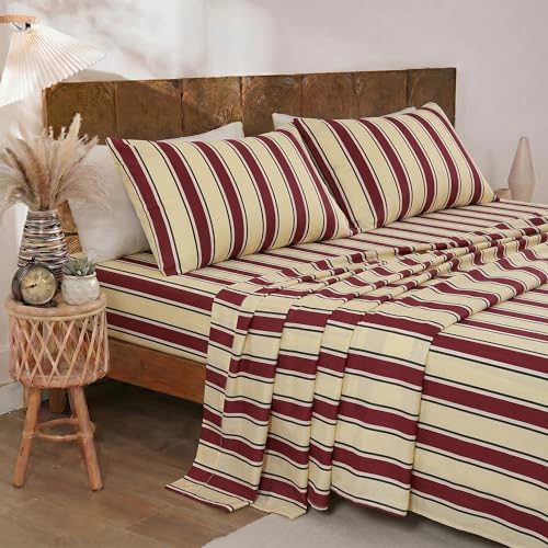 Image of Merryword 100% Cotton Sheet Set Queen Size - Burgundy & Cream Striped Bedding, Soft Breathable Percale Weave, Deep Pocket Fitted Sheet 17.5 inch, Luxury & Silky Soft Sheet Set for All Seasons