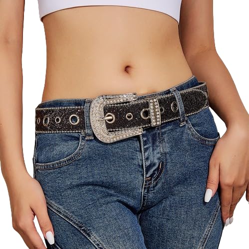 Womens Rhinestone Studded Western Leather Belt for Jeans Cowboy Waist Belts Fit Waist 27"-39"2