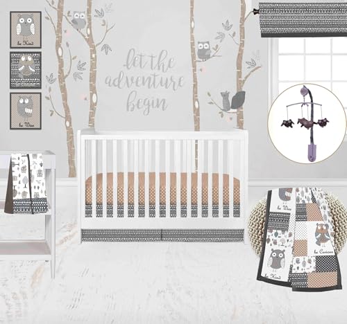 Bacati - Owls in The Woods Beige/Gray 10 pc Crib Bedding Set with 2 Crib Fitted Sheets