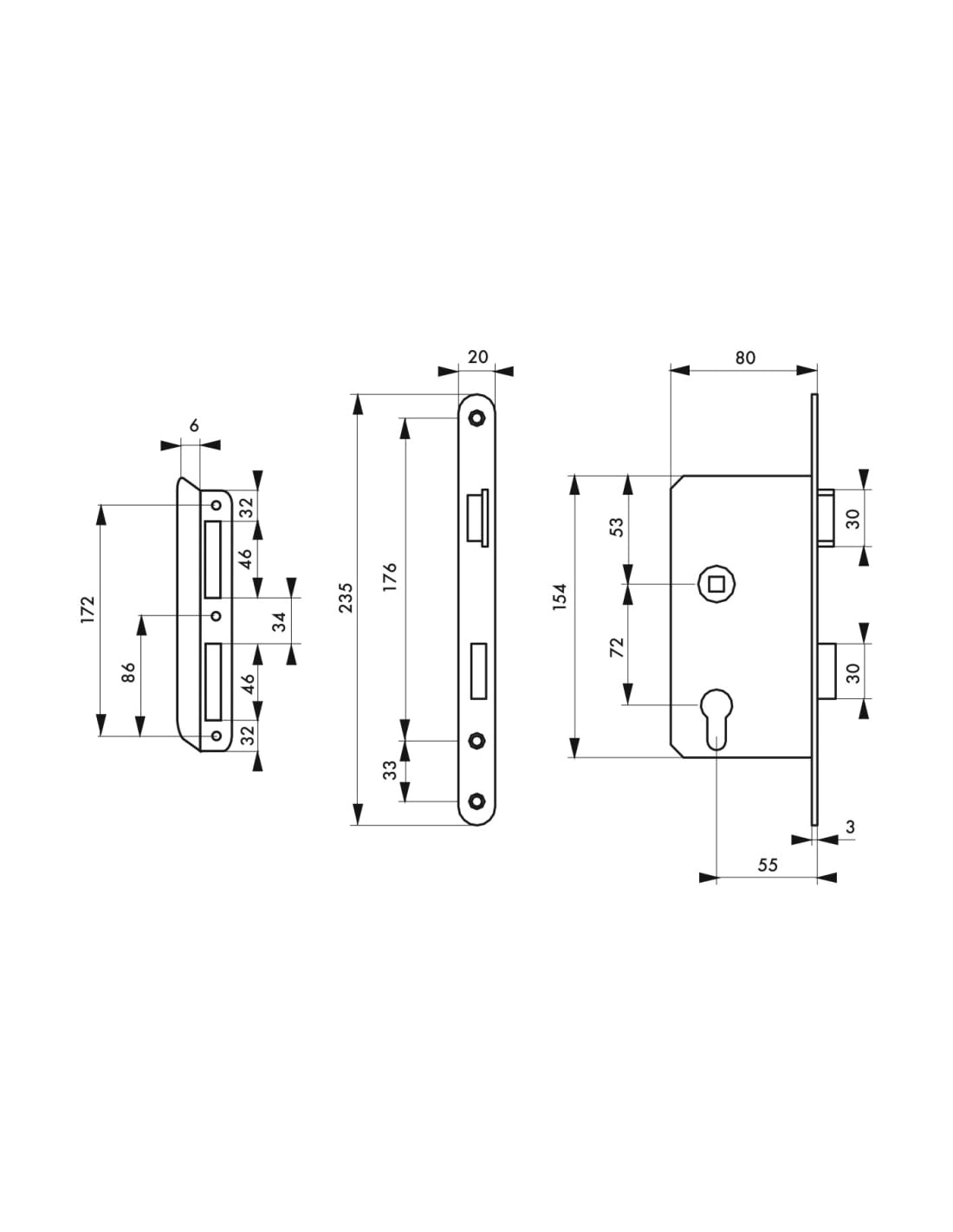 THIRARD - Boîtier de Serrure Encastrable à Cylindre pour Porte d'Entrée - Gauche - Axe 55 mm - Bouts Ronds - Coffre Têtière Gâche Équerre Acier - Mécanisme à 2 Tours - Gris