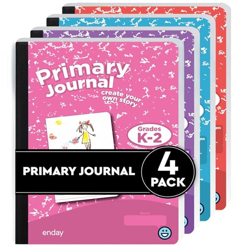 Image of Enday Primary Journal Grades K-2 (4 Pack) Assorted Colors, Half Page Ruled Primary Journal Composition Notebook for Kids, 100 Sheets kids Notebook - Blue, Purple, Pink, Red