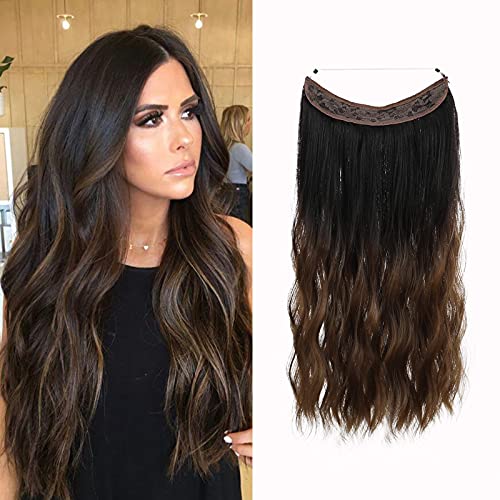 HAIRCUBE Halo Hair Extensions Invisible Curly Hairpieces Adjustable Size Headband Transparent Wire No Clips 20 Inch Ombre Brown