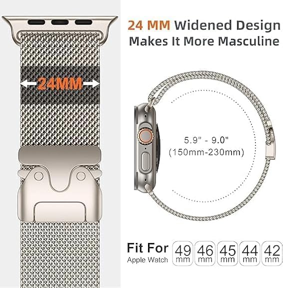Image of GETSABLE Stainless Steel Mesh Loop Strap with Parachute-Style Buckle Compatible with iwatch Ultra 3 /2 /1 Band 49mm, Series 11 /10 46mm, 9 /8 /7 45mm, SE2 /SE /6 /5 /4 44mm (Natural Titanium)