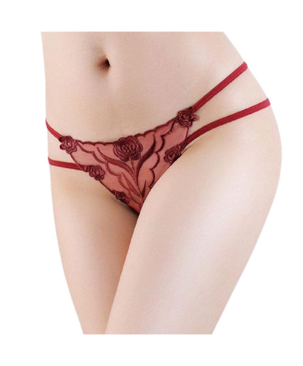 bjac Women G-String Embroidered Transparent Temptation Underwear Female Traceless Perspective Cotton Crotch Hot Sexy Underpants (XS, Wine Red)-picture-55